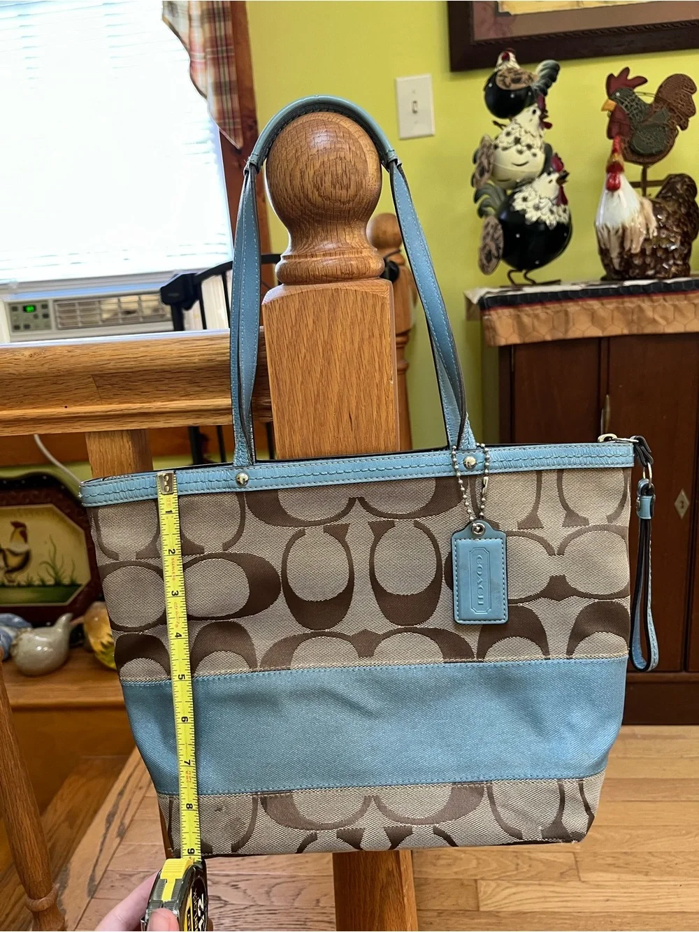 Coach Brown Signature Canvas Tote with Light Blue Trim